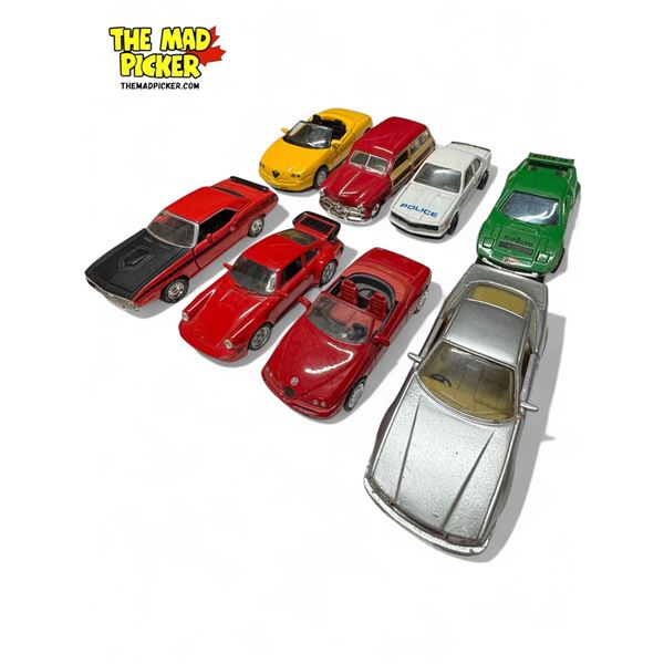 8x Collectible Die Cast Toy Cars: Porsche, Alfa Romeo, Ashton Martin, BMW, & More