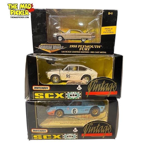 3x Collectible Die Cast Toy Cars : 2x Matchbox SCX Vintage & 1x American Muscle