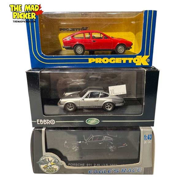 3x Collectible Die Cast Toy Cars: Porsche 911, 911R, & Alfa Romeo Alfetta GTV 6