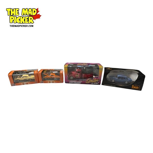 4x Collectible Die Cast Toy Cars: Renault Gordini, Chevy Tow Truck, Ford Mustang, Plymouth Road Runn