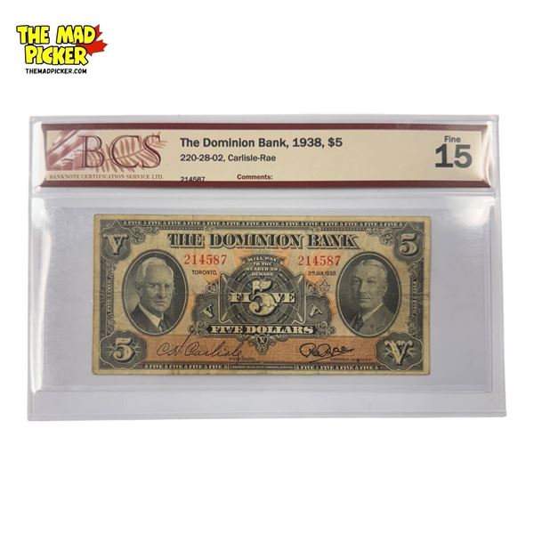 BCS Fine 15 The Dominion Bank 1938 $5 Bank Note (Bill)