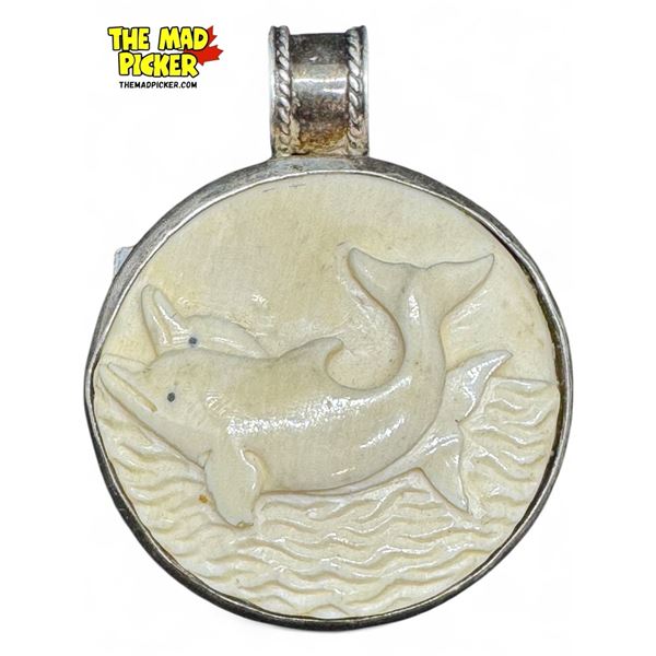 Marine Ivory Dolphin Motif Carved Pendent With .925 Stamped Silver Bezel