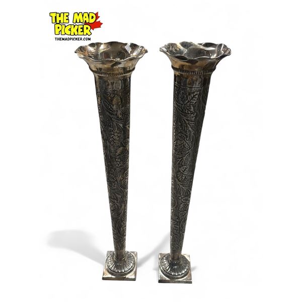 2x Vintage Trumpet Shaped Repousse Vases