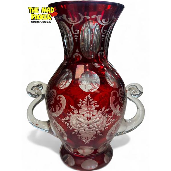 Vintage Double Handled Red Crystal Czech Vase