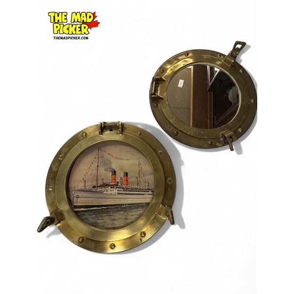 2x Vintage Brass Porthole themed Wall Hangers : Mirror & Nautical Scene Art