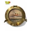 Image 2 : 2x Vintage Brass Porthole themed Wall Hangers : Mirror & Nautical Scene Art