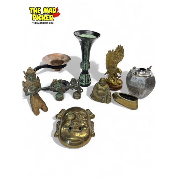Vintage Variety: Brassware (Buddha, Head, Eagle), Teapot, Cast Iron Figurines, & More