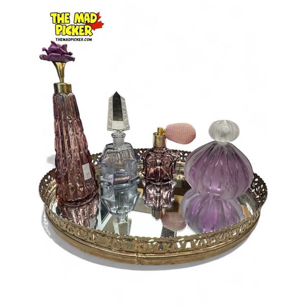 Vintage Vanity Perfume Set: Mirrored Tray & 4 Glass Bottles