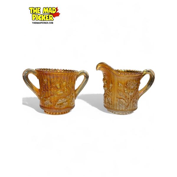 2x Vintage Orange Carnival Glass Items: Pitcher & Double Handled Vase