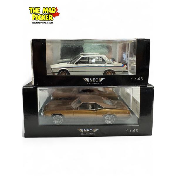 2x Neo Scale 1:43 Scale Die Cast Model Cars : BMW & Buick Riviera GS Gold Metallic 1969
