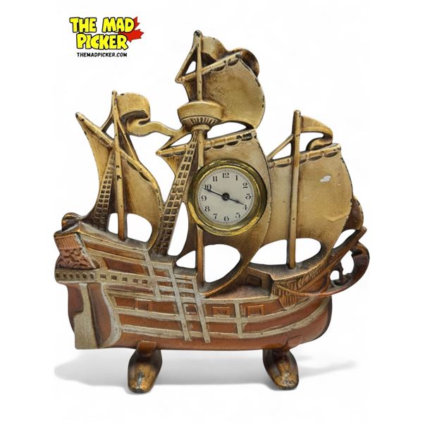 Vintage Cast Metal Ship Themed Table Clock