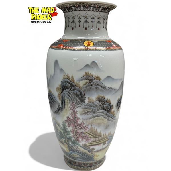 Vintage Asian Mountain/Villagers Scene Vase