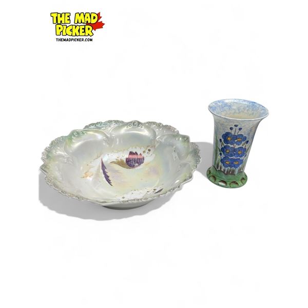2x Vintage Hand Painted Collectibles : Iridescent Bowl & Floral Themed Vase