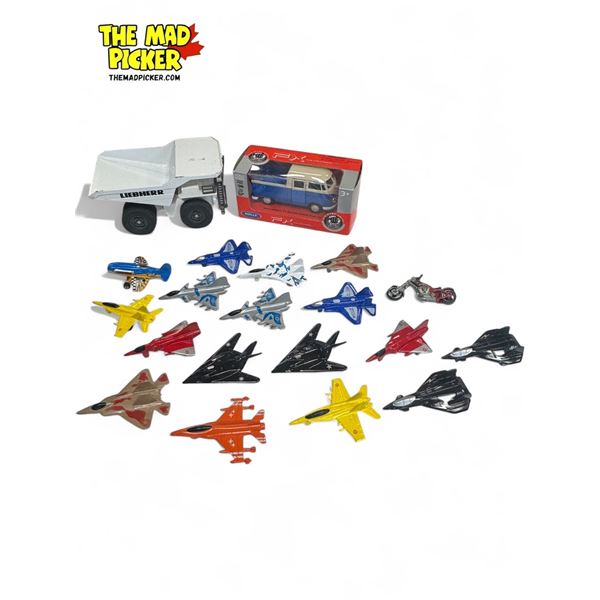 Assorted Die Cast Toys : Siku Dump Truck, Jets, & Welly Volkswagen T1 Double Cabin Pick Up