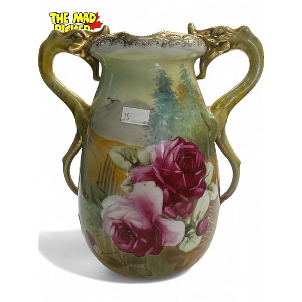 Vintage Hand Painted Nippon Double Dragon Handled Floral Vase