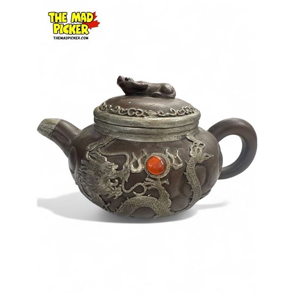 Vintage Asian Clay Teapot With Dragon & Water Buffalo Details