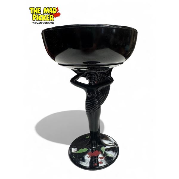 Vintage Black Amethyst Glass Compote Dish With Nude Figural Woman