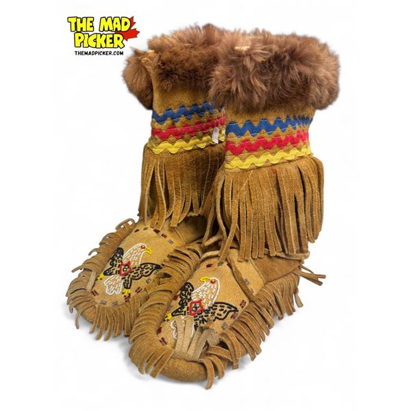 Vintage First Nations Hand Made Ankle High Moccasins With Fur Time & Eagle Motif Bead Work