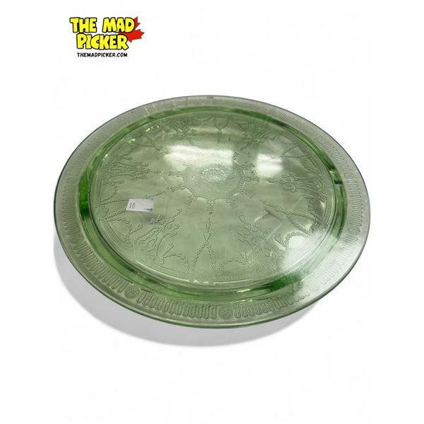 Vintage Uranium Glass Etched Cake Plate