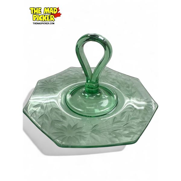 Vintage Green Glass Floral Etched Single Handled Plate