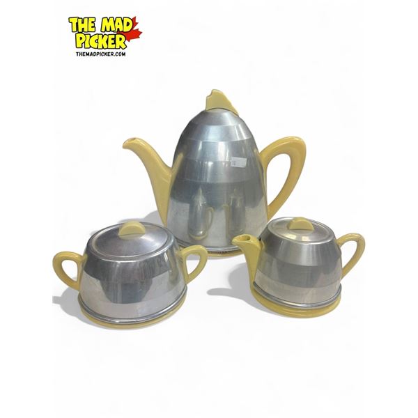 Vintage 3x Piece Hall Pottery Yellow Teapot With Sugar Jar & Creamer