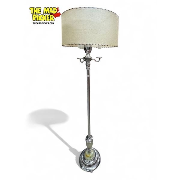 Vintage Chrome Torchiere Lamp With Marble Base Detail & Fibreglass Shade