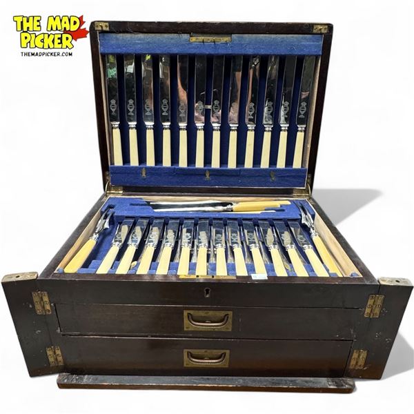 Large Vintage Sheffield English Cutlery Firth Stainless French Ivory Handled Cutlery With Case