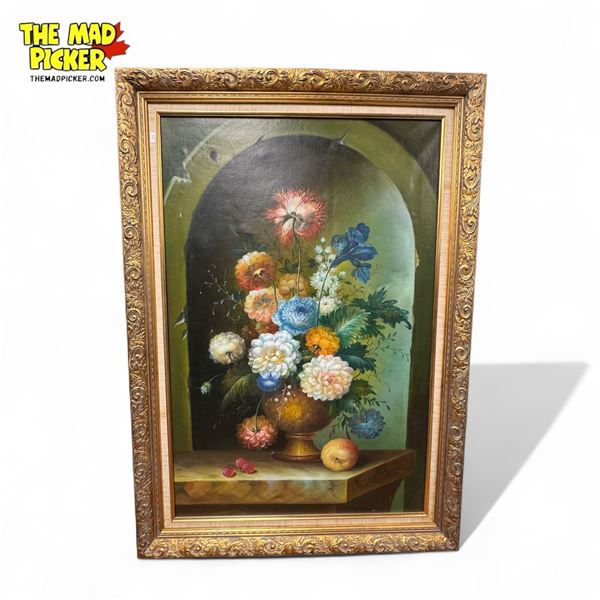 Vintage Original Oil On Canvas Still Floral Painting In Gold Gilt Wooden Frame