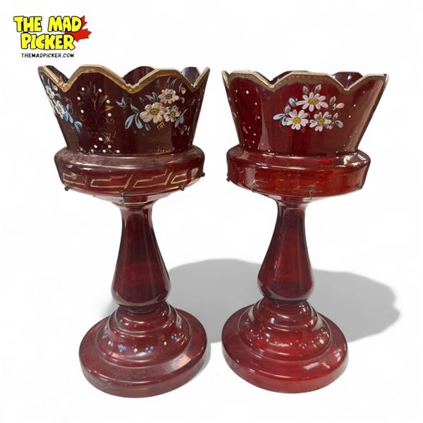 2x Vintage Hand Painted Red Glass Lustres