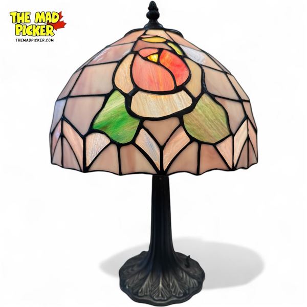 Vintage Stain Glass Leaded Shade Table Lamp With Floral Details On Shade