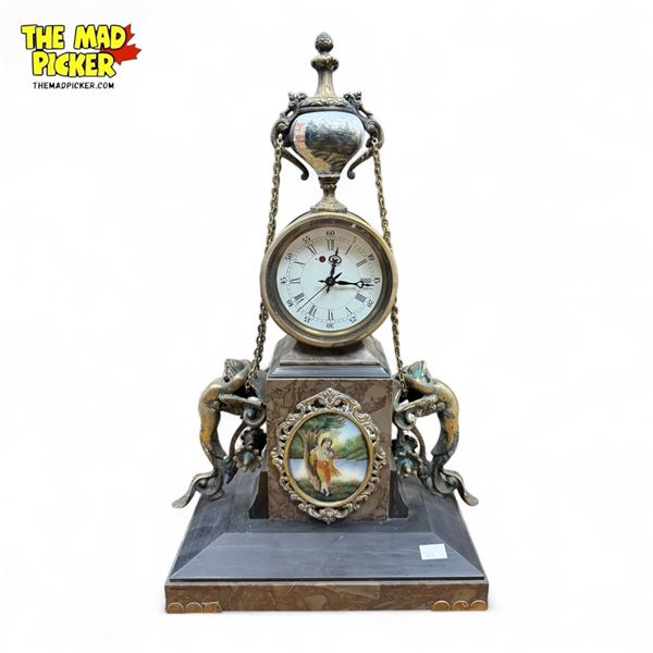 Vintage South Asian Slate Mantle Clock With Porcelain & Figural Details