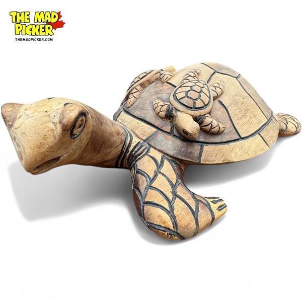 Vintage Signed Noel, Joshua, Jaden Otilia Hand Carved Wooden Turtle With It Young On Back