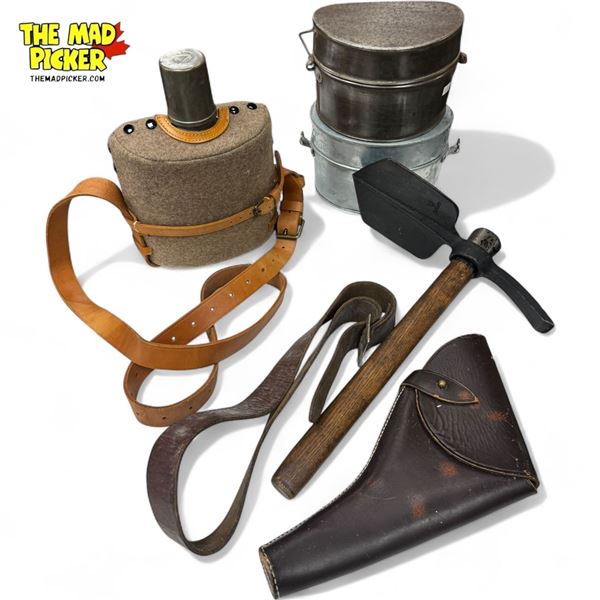 Assorted Vintage Military Collectibles: Water Flask, Holster (1916), Pick Ax, & 2x Metal Canisters
