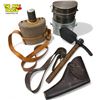 Image 1 : Assorted Vintage Military Collectibles: Water Flask, Holster (1916), Pick Ax, & 2x Metal Canisters