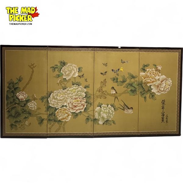 Vintage 4x Panel Asian Bird & Floral Wall Art
