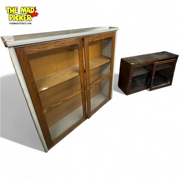 2x Vintage Wooden Display Cabinets (1 Locking)
