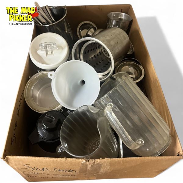 Assorted Vintage Diner Dishware: Pitchers, Knives, Containers, Coffee Pot, & More