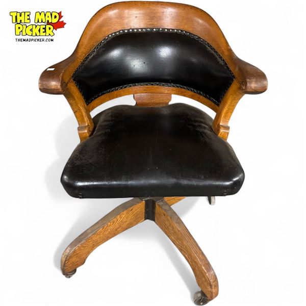 Vintage Oak Leather Curved Button Back Arm Chair On Castor Wheels