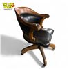 Image 2 : Vintage Oak Leather Curved Button Back Arm Chair On Castor Wheels