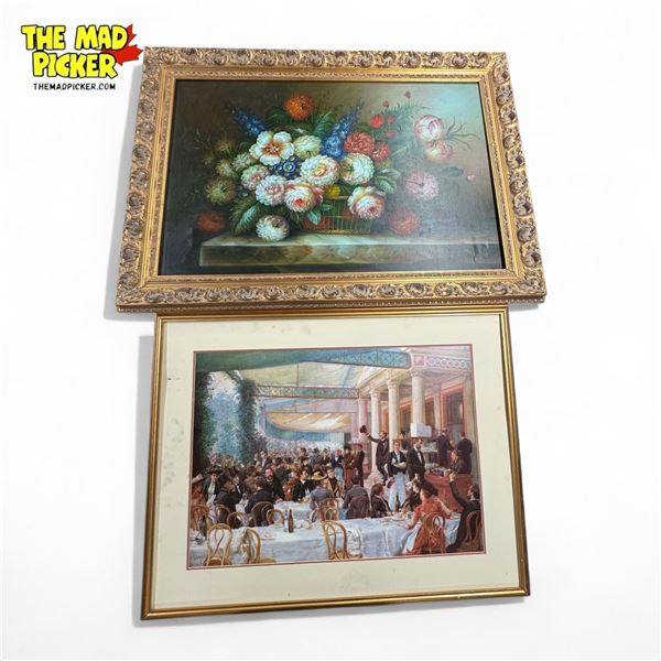 Vintage Original Oil On Canvas Still Floral Painting In Gold Gilt Wooden Frame