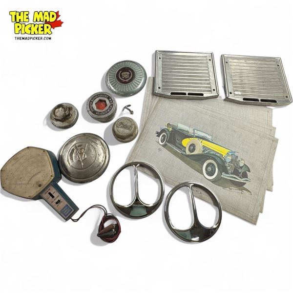 Assorted Vintage Car Parts & Tool : Ford V8 Cap, Buick Cap, Packard Cap, Cadillac Cap, & More