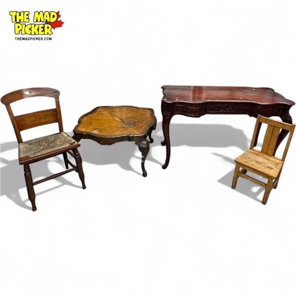 4x Pieces Of Vintage Furniture : Bow Legged Desk, Coffee Table, & 2 Chairs