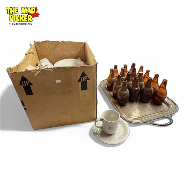 Vintage Variety : Amanda Chinaware, Silver Plate Platter, & Brown Glass Bottles