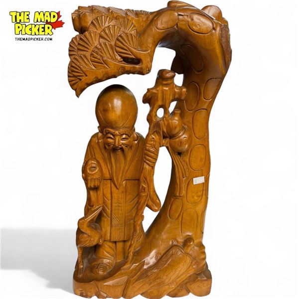 Vintage Hand Carved Wooden Chinese Wise Man Under Tree