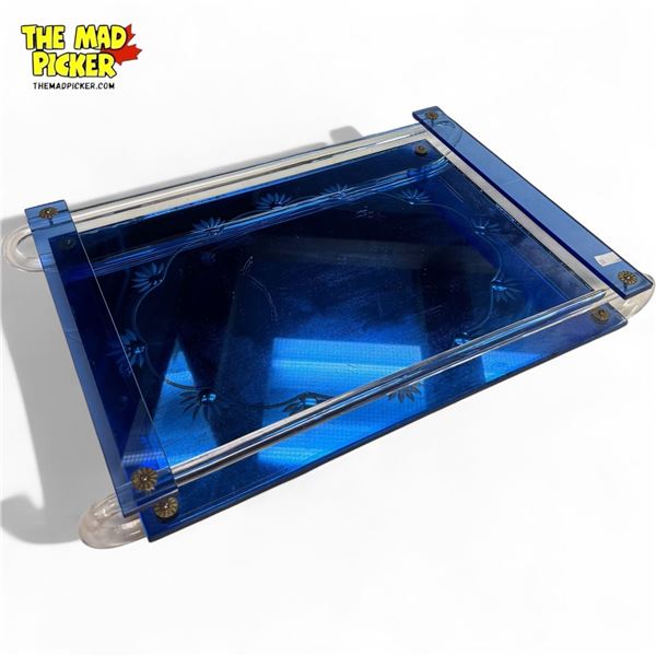 Vintage Blue Lucite Floral Etched Tray