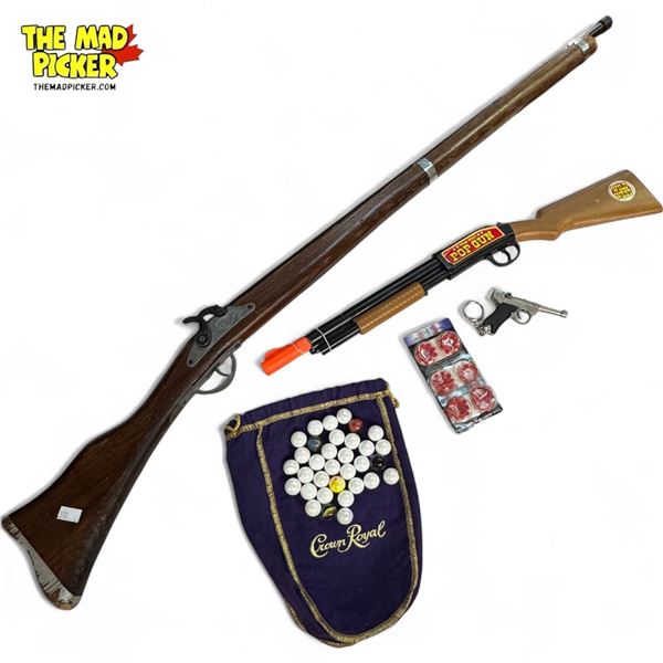 Vintage Variety: Marbles, Pop Gun, Miniature Cap Gun, & More