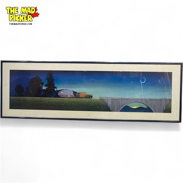 Vintage Night Scene Station Wagon Pulling Trailer