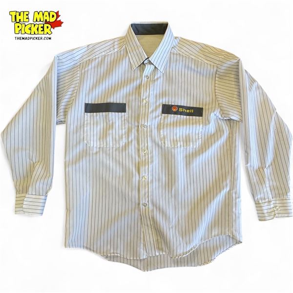 Vintage Shell Gas White Greye Striped Button Up Collar Shirt