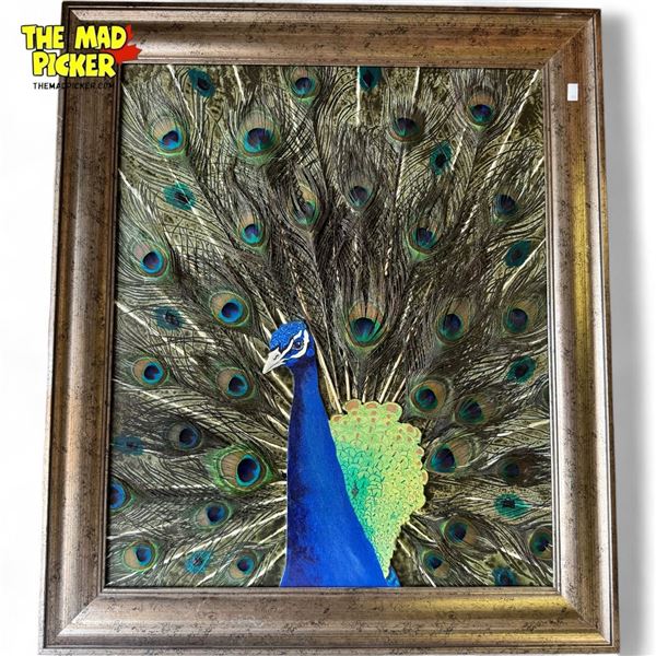Vintage Original Peacock Art Work With Real Feathers
