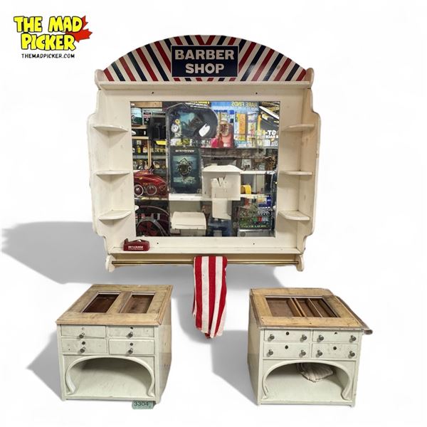 Beautiful 3x Piece Barber Shop Station: Mirror With Towel Bar & 2x Wall Hanging Cabinets